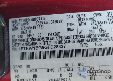 2016 Ford F-150 Lariat z USA, uszkodzony, nr VIN 1FTEW1EG5GFD28327